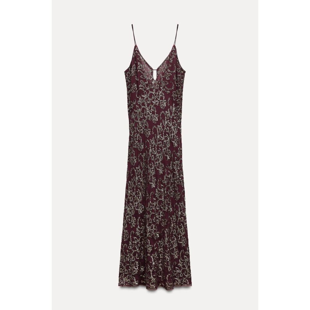 Zara Burgundy Plum Merlot Sequin Embellished Spaghetti Strap Long Flowy Dress
